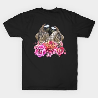 Sloths in love, lovers couple cute, romantic pink flowers T-Shirt